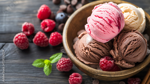 Scoops of chocolate and raspberry ice cream with fresh berries representing dessert  indulgence  sweetness  and refreshment.