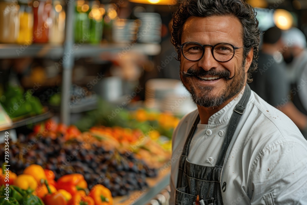 A cheerful man with a distinguished mustache and glasses stands proudly among an array of fresh, natural foods in his bustling outdoor market stall, offering a variety of whole and local options to n A cheerful man with a distinguished mustache and glasses stands proudly among an array of fresh, natural foods in his bustling outdoor market stall, offering a variety of whole and local options to n
