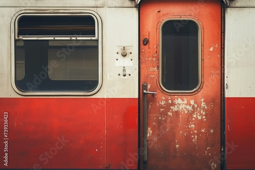 The door of a red red and white train car, in the style of lightbox.