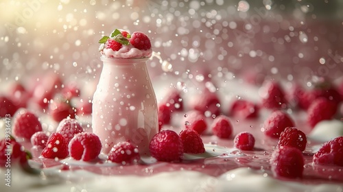 Milk or yogurt in a bottle Place it on top of a splash of milk and a red strawberry. Floating and sinking into the surrounding milk. on a white background commercial art advertising art