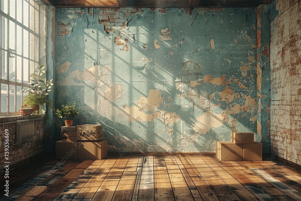 A decaying room, once filled with life, now abandoned with only boxes, a solitary plant, and a faded painting on the wall, tells a story of forgotten memories and lost dreams - obrazy, fototapety, plakaty 