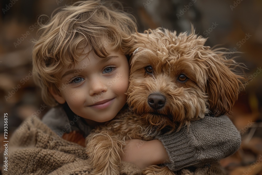 A precious moment captured as a young girl lovingly embraces her loyal terrier, their bond strengthened by the soft brown fur and joyful outdoor setting A precious moment captured as a young girl lovingly embraces her loyal terrier, their bond strengthened by the soft brown fur and joyful outdoor setting