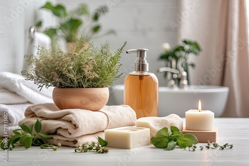 Natural handmade soap and candles in white bathroom on eco-style background, rolled towels, potted plants. Hobby soap making, home made. 