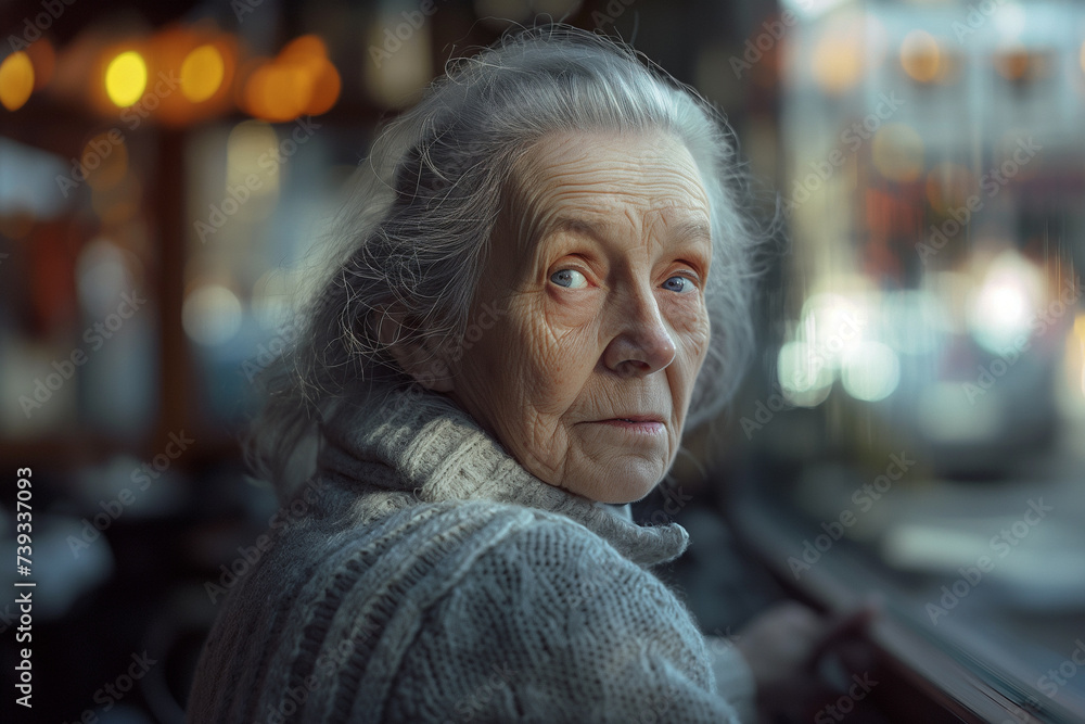 Contemplative Elderly Woman in a Warm Sweater Gazing Out of a Window with Reflective Bokeh Lights