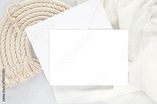 Horizontal card mockup for nursery art, baby shower invitation, birthday card, pregnancy announcement, aesthetic bohemian flat lay composition.