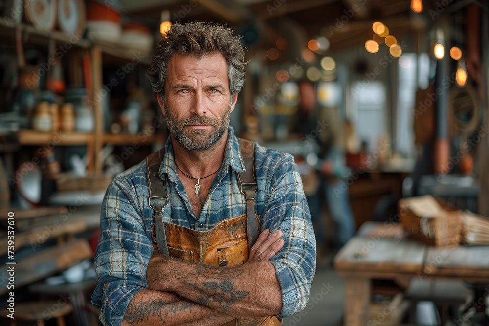 A pensive man sits amidst wooden furniture in his workshop, his arms crossed as he contemplates the objects that surround him on the street outside A pensive man sits amidst wooden furniture in his workshop, his arms crossed as he contemplates the objects that surround him on the street outside