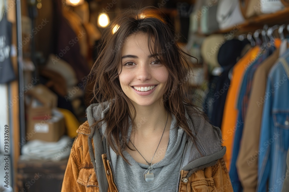 A fashionable woman confidently showcases her style, sporting a beaming smile and trendy jacket as she stands inside a store filled with clothing and fashion accessories