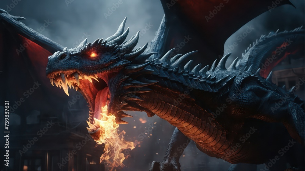 fierce dragon with dark scales, sharp spikes, and glowing red eyes. It ...