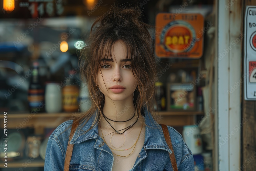 A stylish woman with a perfect hair bun gazes at a trendy store, exuding confidence and grace in her chic street fashion A stylish woman with a perfect hair bun gazes at a trendy store, exuding confidence and grace in her chic street fashion