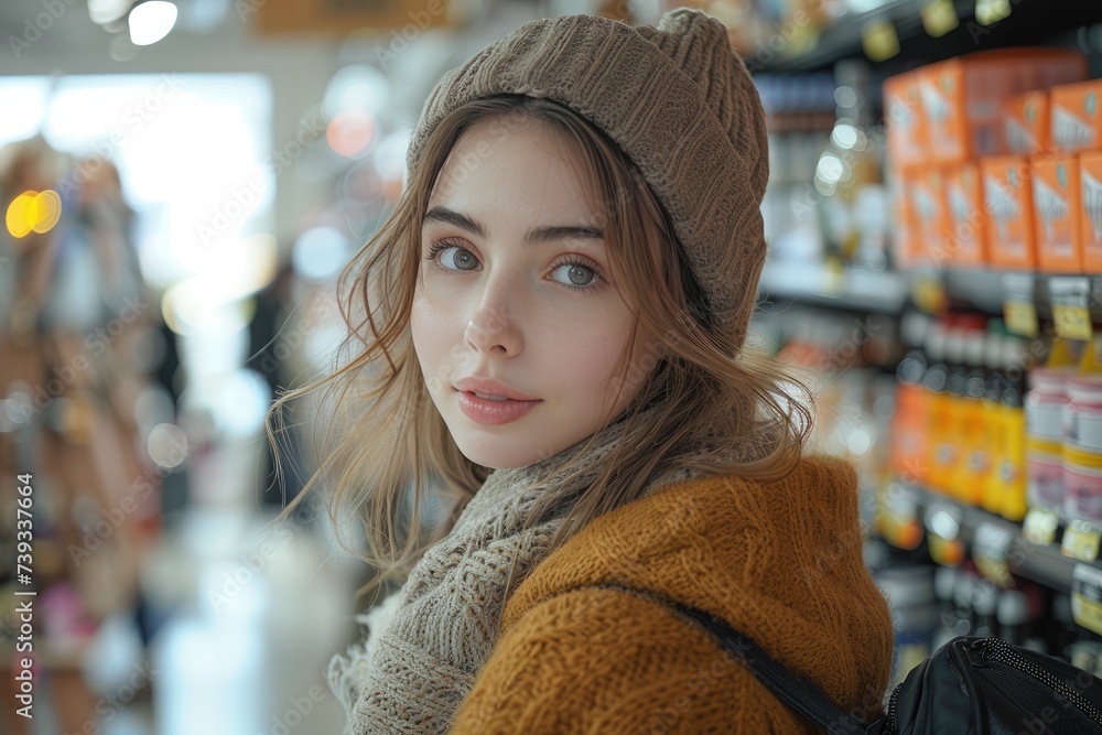A stylish woman effortlessly rocks a beanie and hat combo, exuding confidence and embodying the essence of street fashion while browsing through a retail store A stylish woman effortlessly rocks a beanie and hat combo, exuding confidence and embodying the essence of street fashion while browsing through a retail store