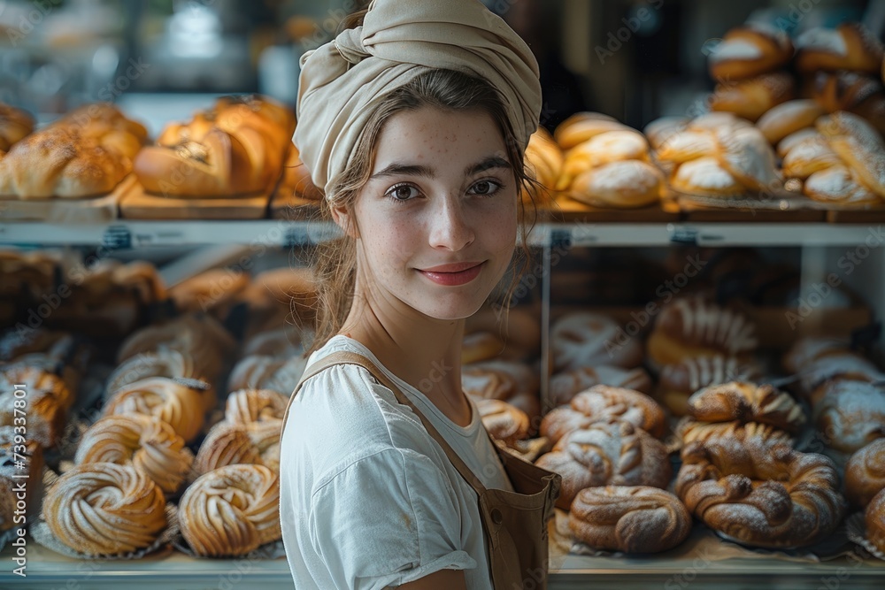A woman indulging in a tempting array of freshly baked pastries at a charming bakery, her face lit up with joy and anticipation as she contemplates which delectable treat to savor A woman indulging in a tempting array of freshly baked pastries at a charming bakery, her face lit up with joy and anticipation as she contemplates which delectable treat to savor