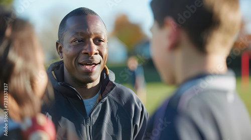 A businessman volunteering as a coach for a youth sports team demonstrating his commitment to giving back and leadership development outside the office. photo