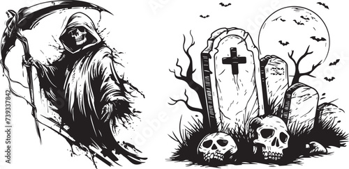 grim reaper and gravestone, vector black and white