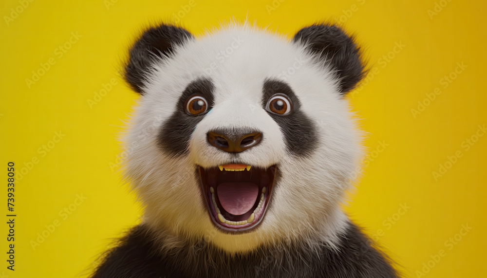 Obraz premium close up of a panda bear on a yellow background with it's mouth open