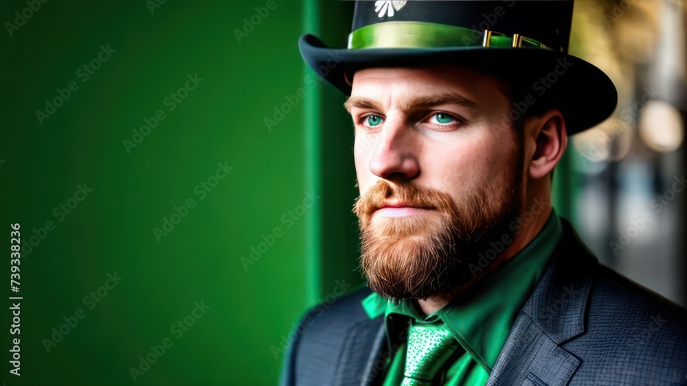 A man in a green hat and a green suit with a beard. St. Patrick's Day concept A man in a green hat and a green suit with a beard. St. Patrick's Day concept