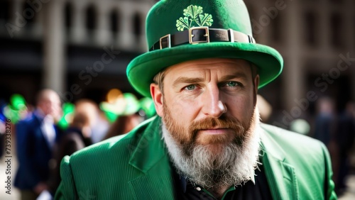 A man in a green hat and a green suit with a beard. St. Patrick's Day concept