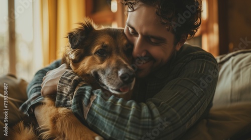 Man hugs a dog at home. A cozy home photo with dog owner.