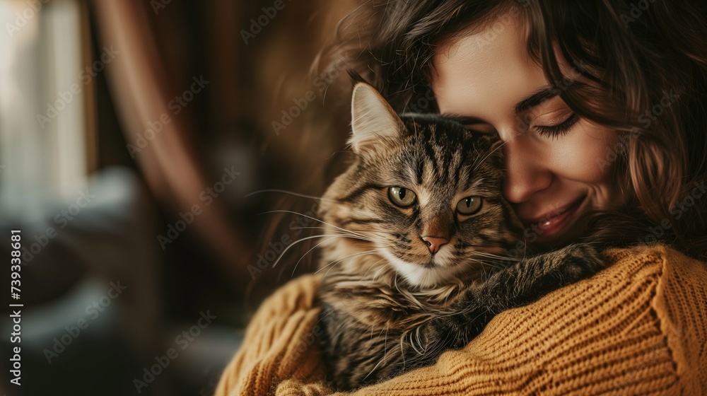 A young beautiful woman hugs a striped cat at home. A cozy home photo with cat owner.