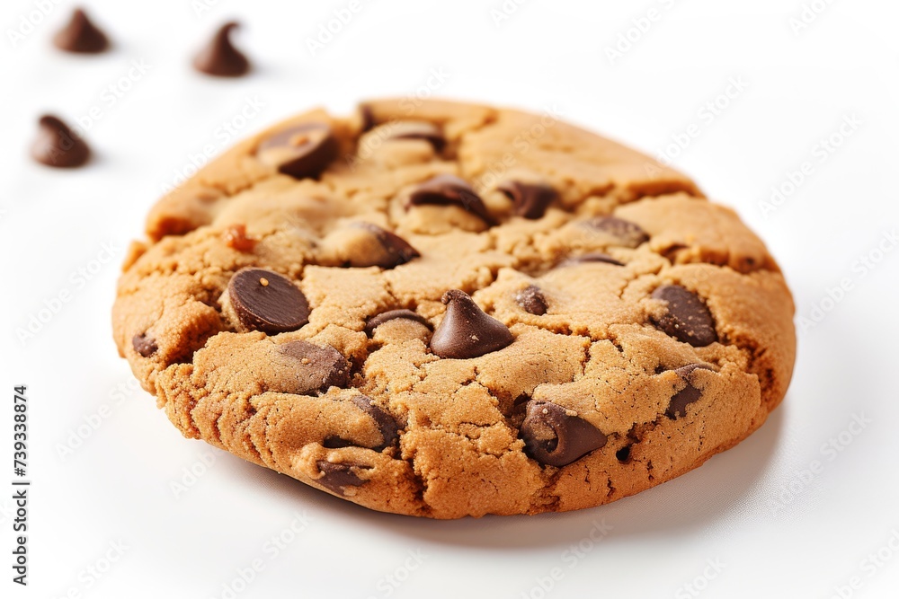 Fresh baked chocolate chip cookie with chunks of chocolate on a white background.