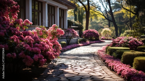 A picturesque garden pathway, lined with blossoming flowers and manicured hedges, the design and car