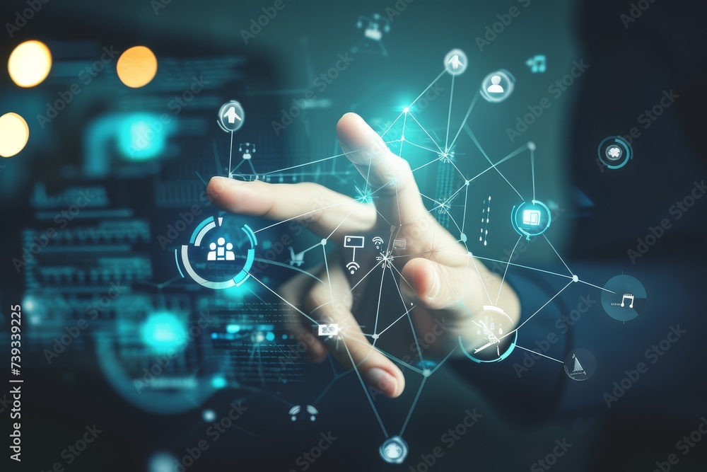 Corporate executive interacting with a futuristic network interface Corporate executive interacting with a futuristic network interface
