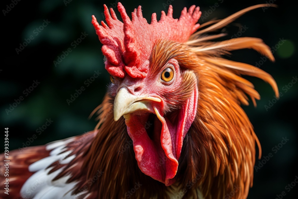 Close-up of a vibrant rooster with striking red crest and detailed plumage in natural light.