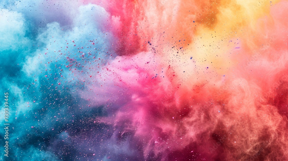 A mesmerizing display of colored powder bursting into the air, captured with precision against a pure solid white background, creating a breathtaking and dynamic visual spectacle