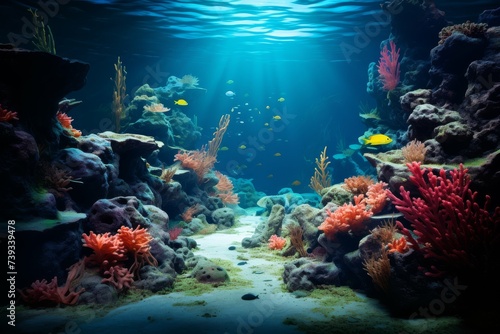 A vibrant underwater seascape showcasing diverse coral and marine life under beams of sunlight.