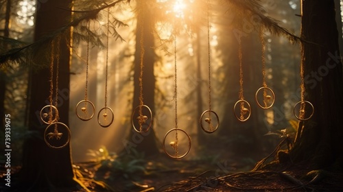 Mystical Golden Rings Hanging in a Magical Forest