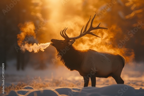 A majestic elk exhales in the crisp air of a golden winter sunrise.