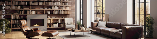 A modern living area inspired by Scandinavian design principles, incorporating organic materials, such as leather and wood, for a timeless and comfortable feel.