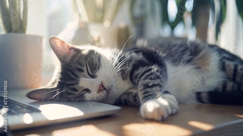 a cute grey white  cat lying on a laptop sleeping © Pekr