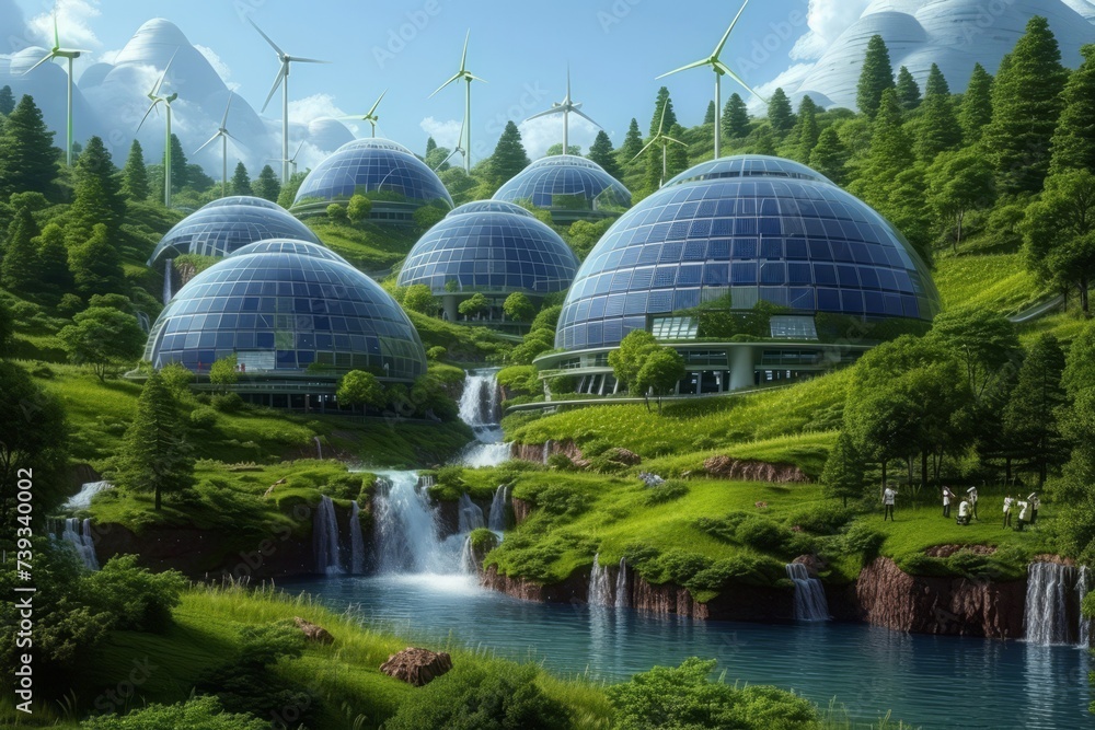 A green city of the future with solar panels and wind turbines A green city of the future with solar panels and wind turbines