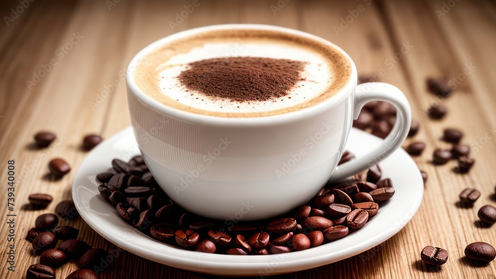 Obraz premium A cup of aromatic coffee in a white mug, scattered coffee beans around