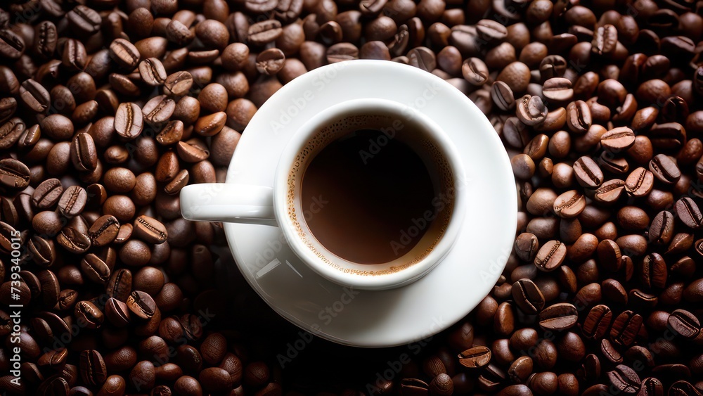A cup of aromatic coffee in a white mug, scattered coffee beans around A cup of aromatic coffee in a white mug, scattered coffee beans around