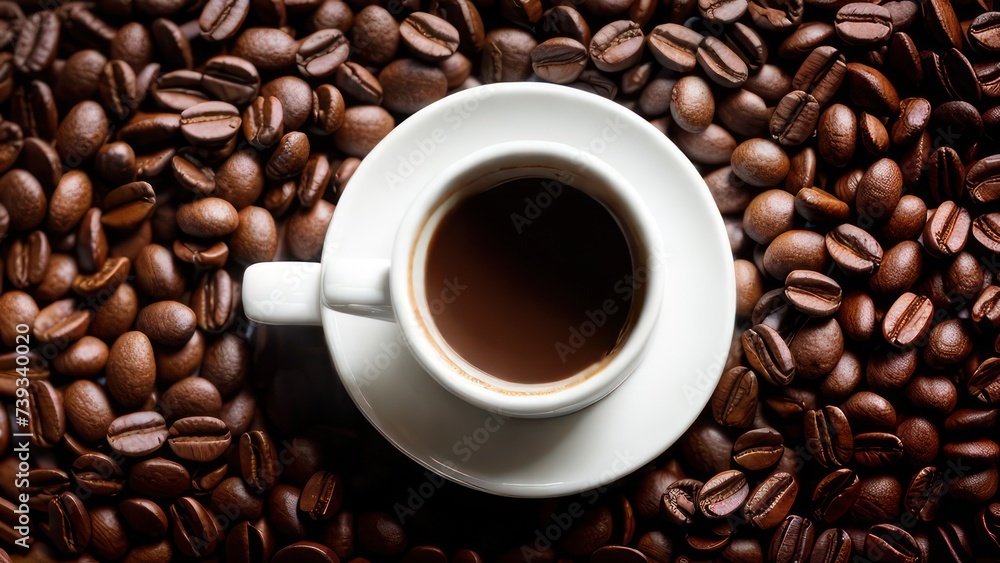 A cup of aromatic coffee in a white mug, scattered coffee beans around A cup of aromatic coffee in a white mug, scattered coffee beans around