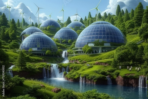 A green city of the future with solar panels and wind turbines
