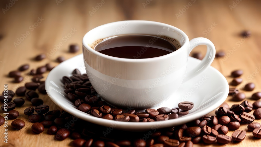 A cup of aromatic coffee in a white mug, scattered coffee beans around A cup of aromatic coffee in a white mug, scattered coffee beans around