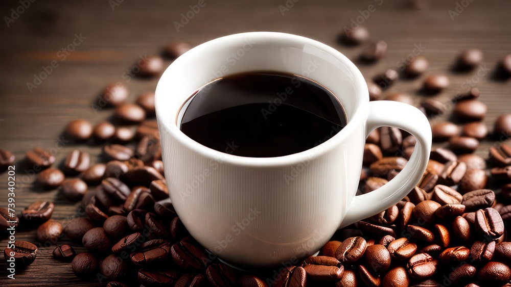A cup of aromatic coffee in a white mug, scattered coffee beans around A cup of aromatic coffee in a white mug, scattered coffee beans around
