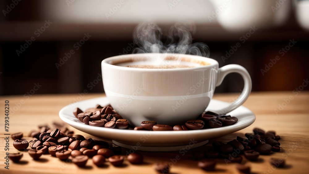 Fototapeta premium A cup of aromatic coffee in a white mug, scattered coffee beans around