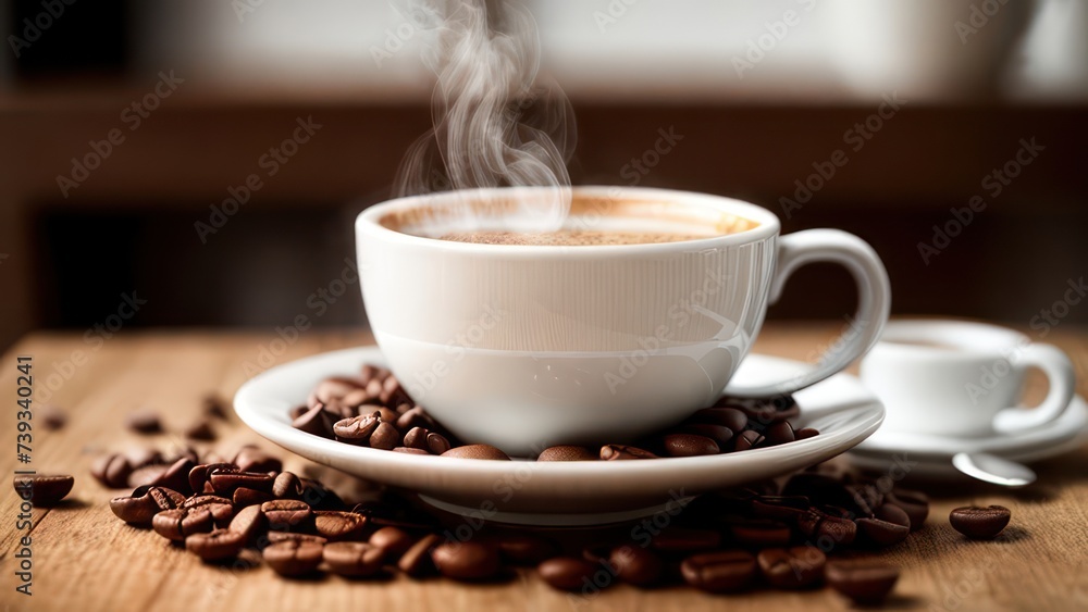 Fototapeta premium A cup of aromatic coffee in a white mug, scattered coffee beans around