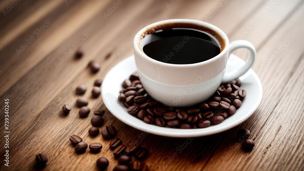 A cup of aromatic coffee in a white mug, scattered coffee beans around A cup of aromatic coffee in a white mug, scattered coffee beans around