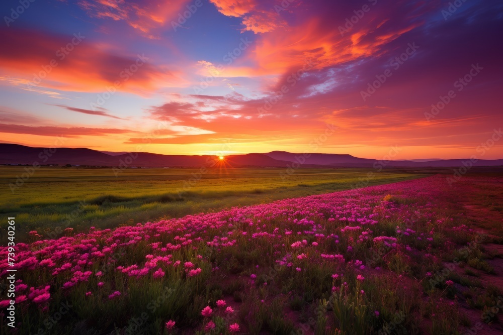 Field of pink flowers with a beautiful sunset in the background