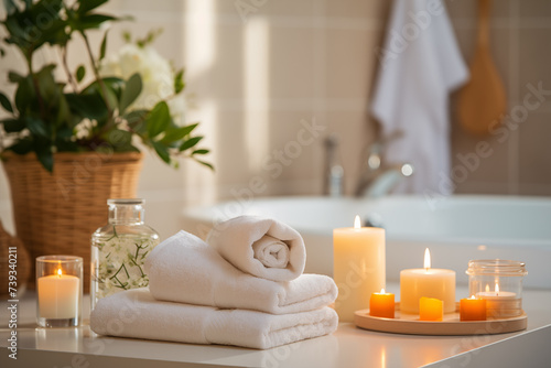 Spa salon accessories. Rest and relaxation. Skin care product package design. Bathroom with candles, towels, spa products.