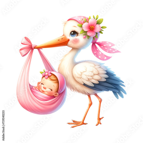 Stork delivering new born baby. watercolor design