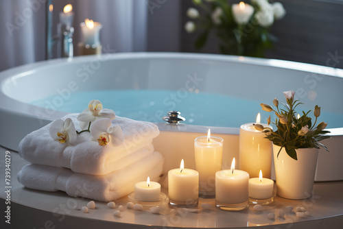 Spa salon accessories. Rest and relaxation. Skin care product package design. Bathroom with candles, towels, spa products.