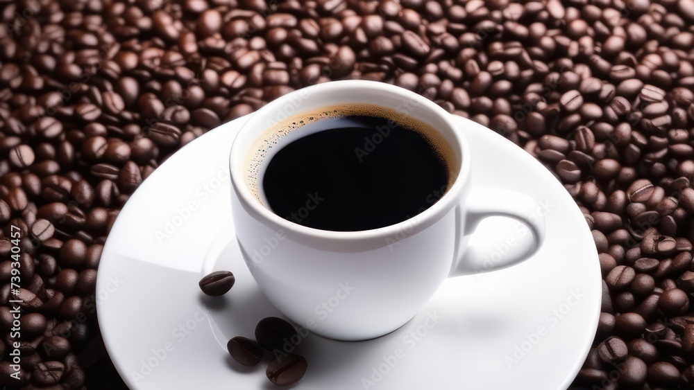 A cup of aromatic coffee in a white mug, scattered coffee beans around A cup of aromatic coffee in a white mug, scattered coffee beans around