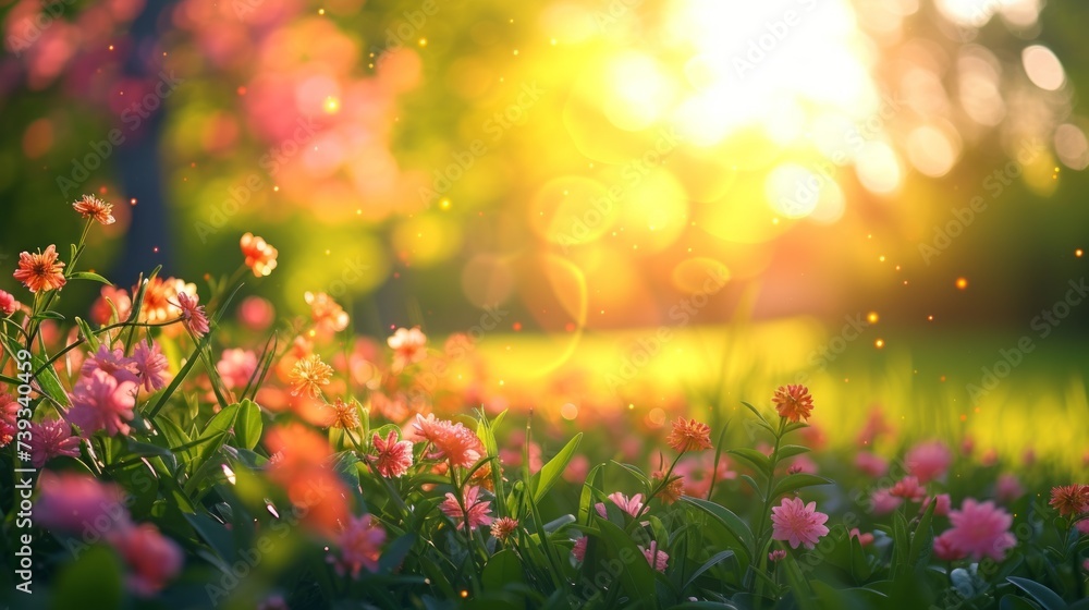 Close-up of pink and yellow wildflowers in a field with a blurry background of green grass and trees with the sun shining brightly