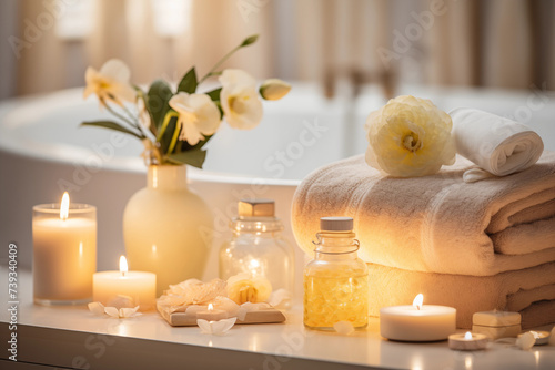 Spa salon accessories. Rest and relaxation. Skin care product package design. Bathroom with candles  towels  spa products.