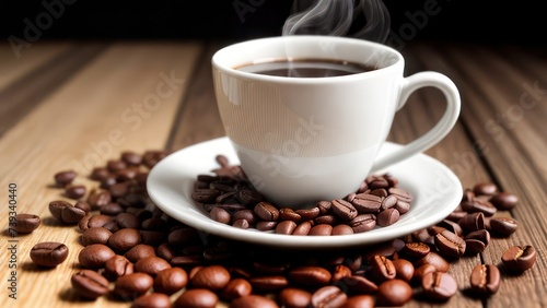A cup of aromatic coffee in a white mug, scattered coffee beans around